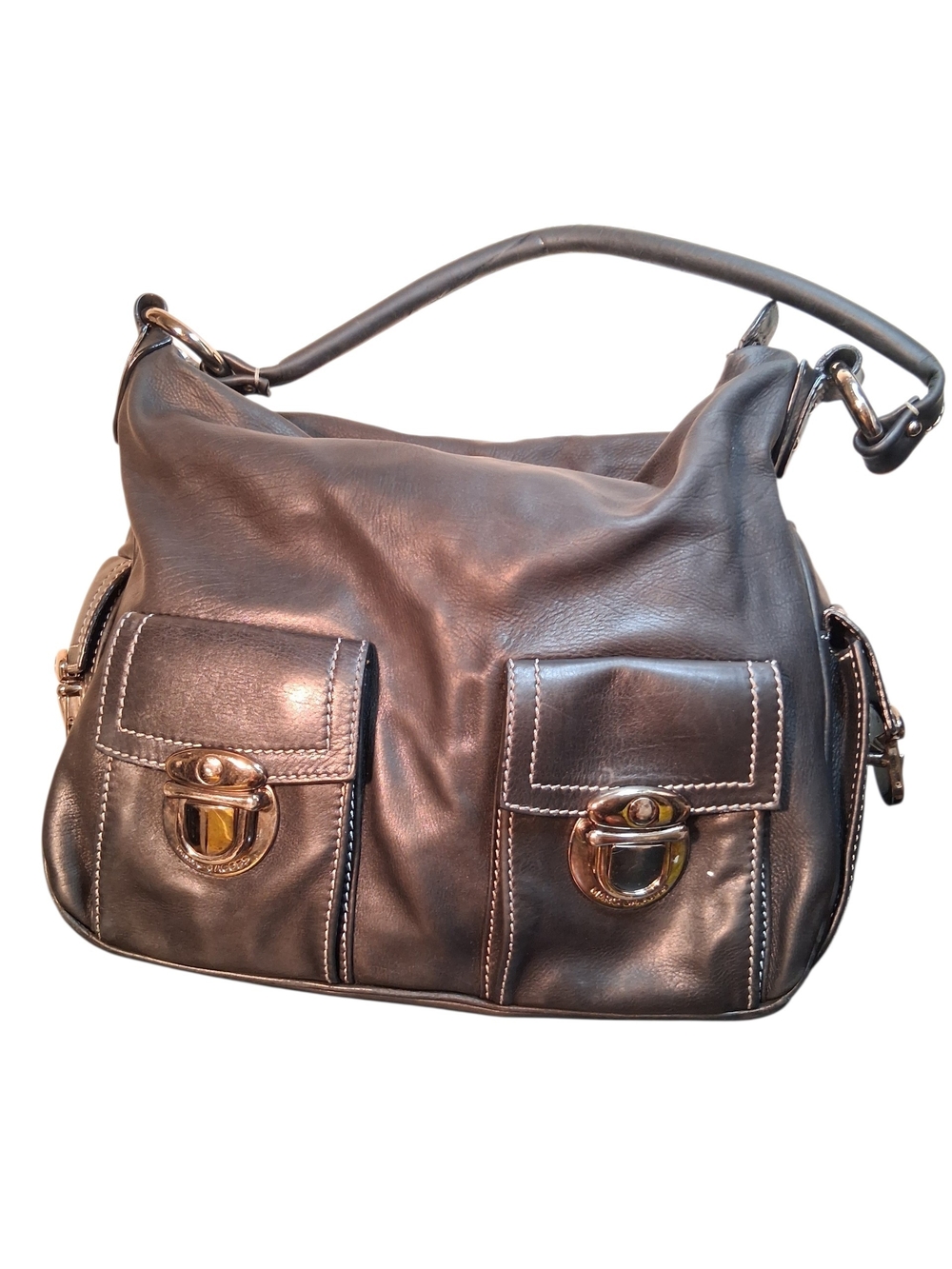 Marc Jacobs Black Leather Shoulder Bag with Front Buckle Pockets